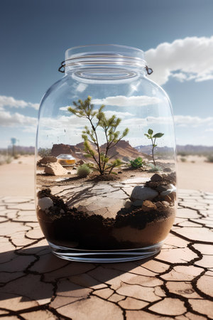 Small tree in a glass jar in the desert. Concept of environmental conservationの素材