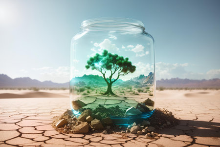 Tree growing in glass jar with desert background. Ecology concept. Earth day.の素材