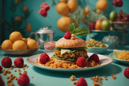Vegetarian burger with cereals and fruits on a blue backgroundの素材