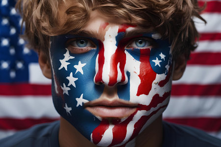 Portrait of a young man with face painted in the colors of the United States flagの素材
