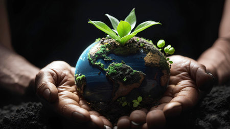 Close up of hands holding Earth globe with green sprout growing on itの素材