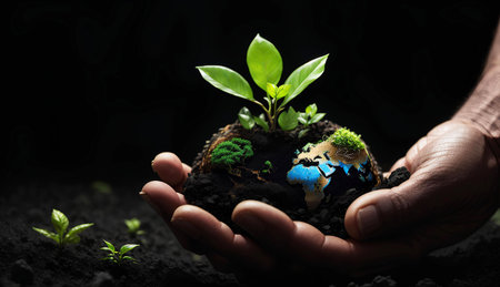 Human hands holding Earth globe with green sprout and soil on dark backgroundの素材