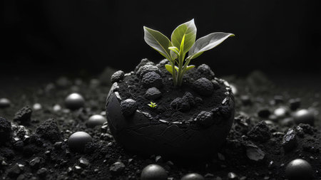 Green sprout in black soil on black background. Concept of new life.の素材