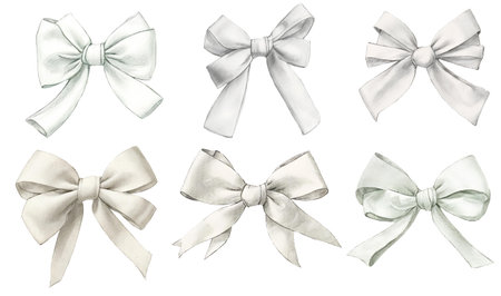 Set of white bows isolated on white background. Watercolor illustration.の素材