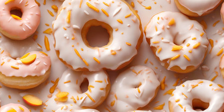 Close-up view of delicious donuts with icing and sprinklesの素材