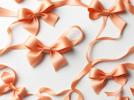 Beautiful bows on white background, top view. Festive decorの素材
