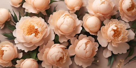 Beautiful peony flowers as background, top view. Floral designの素材