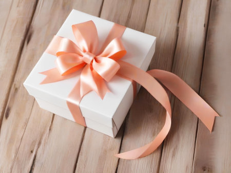 Gift box with ribbon on wooden background. Shallow dof.の素材