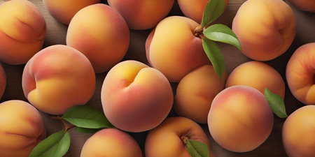 Peaches on wooden background. Top view. 3d illustration.の素材