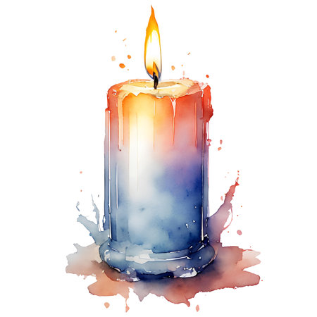 Illustration of a candle with watercolor splashes on a white backgroundの素材