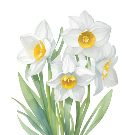White narcissus flowers bouquet isolated on white background. Watercolor illustrationの素材