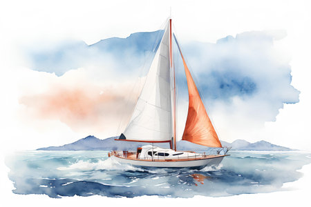 Sailing yacht in the sea. Watercolor illustration. Ocean travelの素材