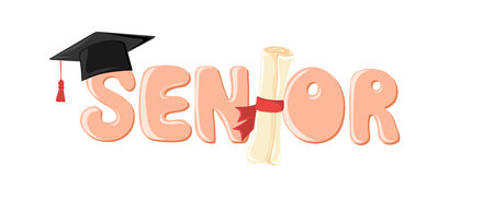 Senior. Handwritten text with graduation cap and diploma. Template for design party high school or college, graduate invitations or banner. Vector illustrationのイラスト素材