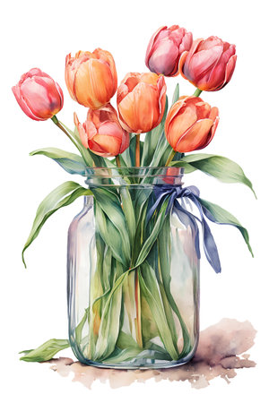Bouquet of tulips in a glass jar. Watercolor illustration.の素材