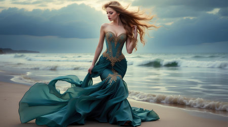 Beautiful mermaid with red hair on the beach at sunset.の素材