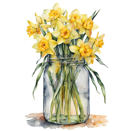 Bouquet of yellow daffodils in a glass jar. Watercolor illustrationの素材