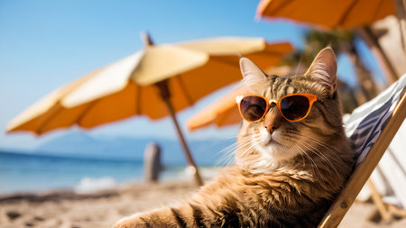 Cute cat with sunglasses lying on a deckchair on the beach.の素材