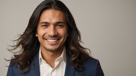 Portrait of a handsome young man with long hair smiling at the cameraの素材