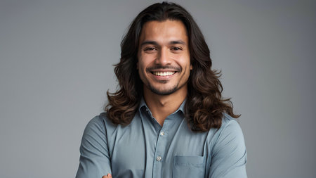 Portrait of handsome young man with long curly hair smiling at cameraの素材