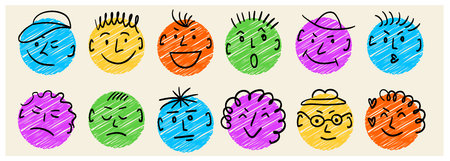 Hand drawn abstract comic faces with different emotions. Crayon drawing style. Vector illustration.