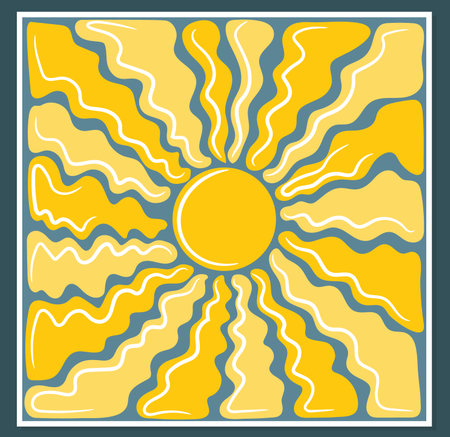 Square groovy retro abstract sun background. Organic doodle shapes in trendy naive hippie 60s 70s style. Contemporary poster print template. Vector illustrationのイラスト素材