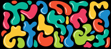Set of colorful liquid abstract organic blob shapes. Wavy bubbles and drops in trendy y2k style. Vector illustration.のイラスト素材