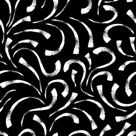 Seamless pattern with textured lines and curls. Chalk grunge curves on black. Abstract background with brush strokes. Great for textile, fabric, wallpaper, wrapping, scrapbook and packagingのイラスト素材