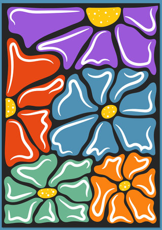 Abstract blossom print in naive art style. Trendy floral retro poster. Seventies, groovy background. Decorative contemporary botanical elements. Hippie Aesthetic. Hand-drawn vector illustrationのイラスト素材