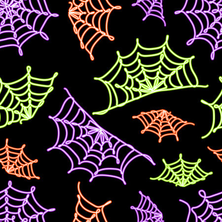 Glowing neon spider webs seamless pattern. Modern halloween print. Great for textile, fabric, wallpaper, wrapping, scrapbook and packagingのイラスト素材