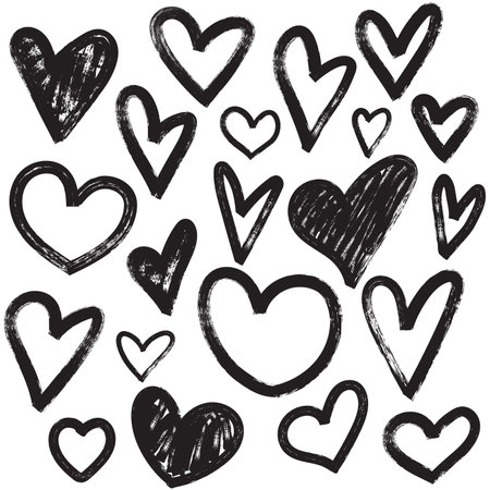 Set of hand drawn hearts in brush stroke texture paint style. Various romantic charcoal pencil drawing pack. Vector illustrationのイラスト素材