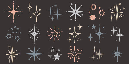 Hand drawn star sparkle shine of doodle set. Charcoal pen drawn star shine glow, spark glitter, sparkle light. Vector chalk graphic elementsのイラスト素材