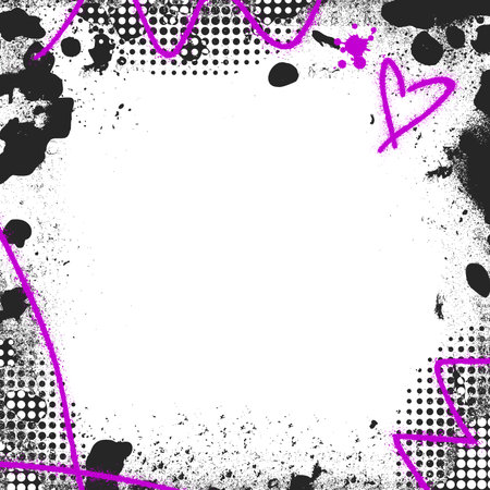 Grunge textured square background with graffiti. Trendy frame overlay with messy splatter and paint stains for retro layouts. Vector graphic illustrationのイラスト素材