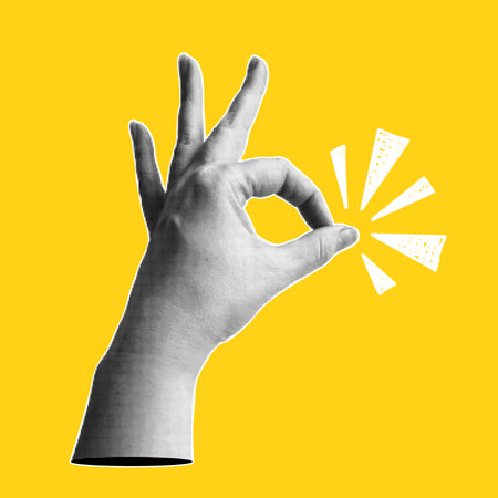 Trendy halftone collage banner with hand showing ok gesture. Positive hand sign. Modern retro style. Vector illustration.のイラスト素材