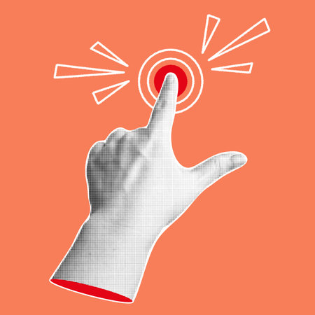 Trendy halftone collage banner with pointing hand. Finger touch, click or tap. Modern retro style. Vector illustrationのイラスト素材