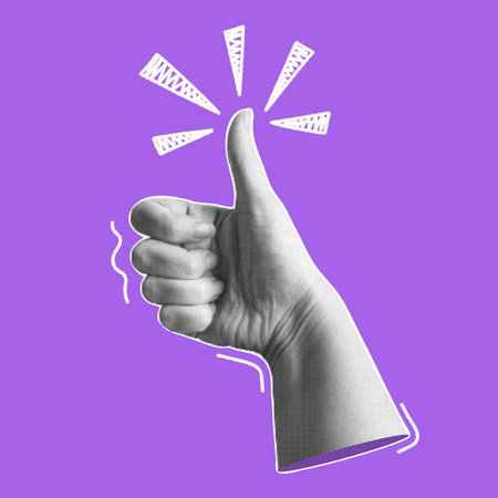 Trendy halftone collage banner with hand showing thumb up gesture. Positive hand sign. Modern retro style. Vector illustrationのイラスト素材