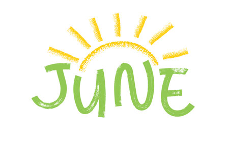 June. Trendy marker drawn lettering with sun. Great for seasonal designs, greeting cards, banners or invitationsのイラスト素材