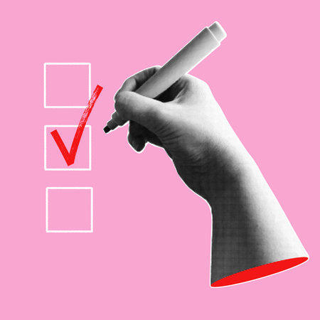 Trendy halftone banner with hand holding marker and writing check mark. Modern retro style. Voting concept. Contemporary collage for design template. Vector illustration.のイラスト素材