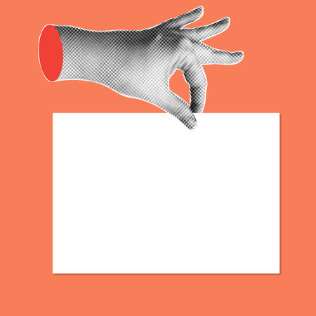Trendy halftone banner with hand holding empty sheet of paper. Place for your text. Modern retro style.Contemporary collage for design template. Vector illustrationのイラスト素材