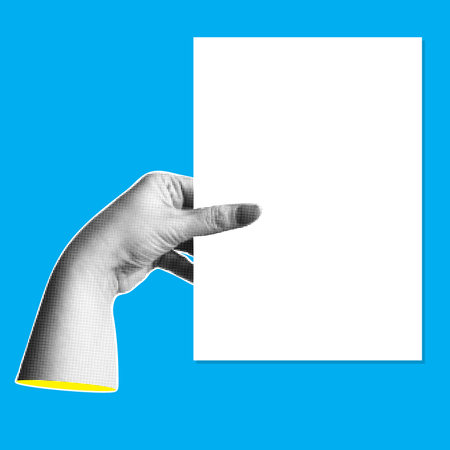 Trendy halftone banner with hand holding empty sheet of paper. Place for your text. Modern retro...
