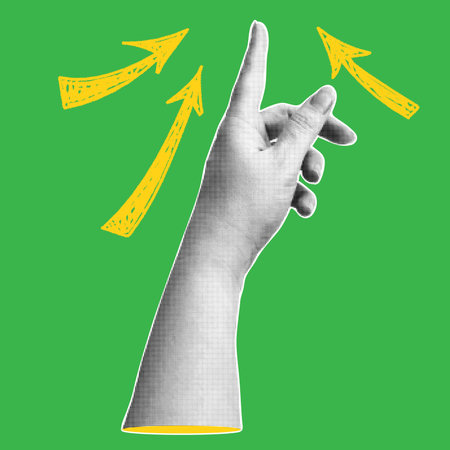 Trendy halftone banner with pointing hand and arrow signs. Finger indicate the direction. Modern retro style. Contemporary collage for design template. Vector illustrationのイラスト素材