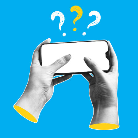 Human hands with a smartphone and question marks. Trendy collage banner with hand holding mobile phones. Modern art with halftone effects. Vector pop art illustrationのイラスト素材