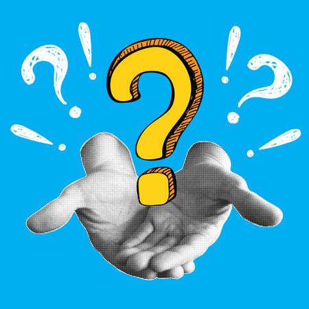 Trendy halftone banner with human hands holding question mark. Query FAQ concept, finding answer....