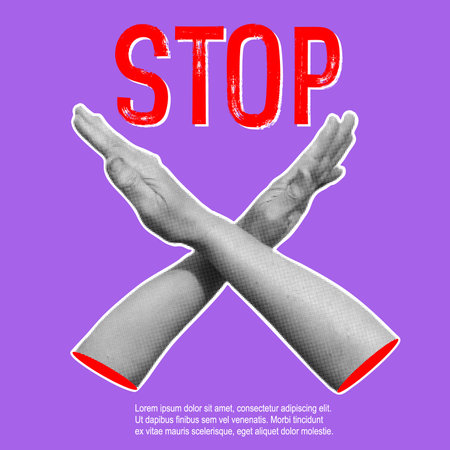 Trendy halftone banner with crossing hands symbolizing refusal, prohibition, and denial. Stop gesture, rejection sign, and warning concept. Contemporary collage for design template. Vectorのイラスト素材