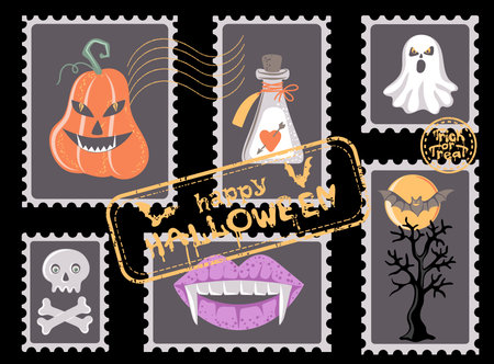 Happy Halloween banner with retro postage stamps. Halloween decorative design. Vector illustration.のイラスト素材