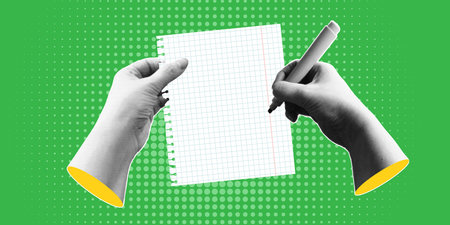 Trendy halftone banner with hands holding marker and empty sheet of paper. Modern retro...