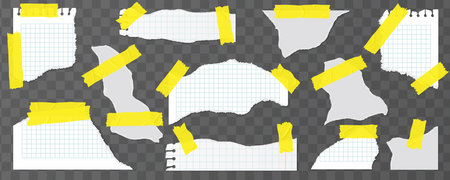 Collection of paper pieces with wrinkles and torn edges and yellow duct tape. Realistic torn or ripped paper. Torn notebook page or scrap note with damaged border. Vector illustrationのイラスト素材