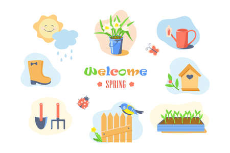 Welcome spring and gardening set flat illustrationのイラスト素材