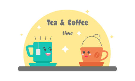 Tea and coffee time cute vector illustration with cups in loveのイラスト素材