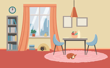 Cozy and warm interior of living room with a bookcase, city landscape in the window, a table with a served lunch, a couple of chairs, sleeping cat and dog, animal friendly lifestyle and interior design concept. Lunch time. vector illustration.のイラスト素材