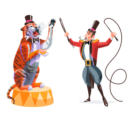 Circus animals tamer holding whip in one hand and tiger on a pedestal.のイラスト素材